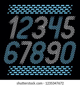 Vector numbers, modern numerals set. Rounded bold italic retro numeration from 0 to 9 can be used for logo creation. Made with parallel dashed lines.