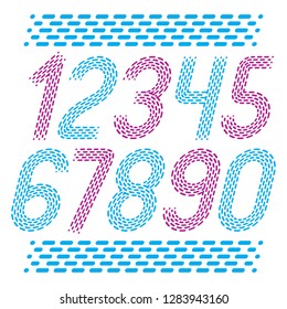 Vector numbers, modern numerals set. Rounded bold italic retro numeration from 0 to 9 can be used for logo creation, press. Created using dashes, parallel lines.