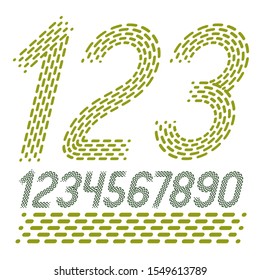 Vector numbers, modern numerals set. Rounded bold italic retro numeration from 0 to 9 can be used for logo creation. Created using dashes, parallel lines.