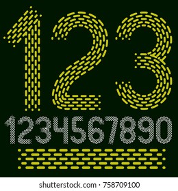 Vector numbers, modern numerals set. Rounded bold retro numeration from 0 to 9 can be used for logo creation. Made using rhythmic strokes and dashed lines.

