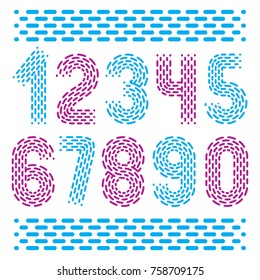 Vector numbers, modern numerals set. Rounded bold retro numeration from 0 to 9 can be used for logo creation. Created using dashes, parallel lines.