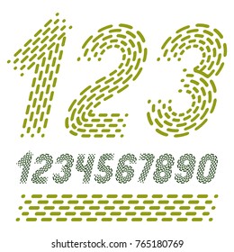 Vector numbers, modern numerals set. Rounded bold italic retro numeration from 0 to 9 can be used for logo creation. Made using rhythmic strokes and dashed lines.