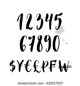 Vector numbers and money signs in calligraphic style. Handwritten symbols isolated on white background.