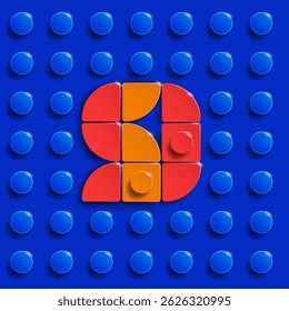 Vector numbers nine from plastic building lego bricks. Colorful lego numbers 9. Blue lego background