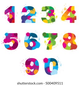 Vector numbers painted by colorful splashes. Rainbow arithmetic signs illustration