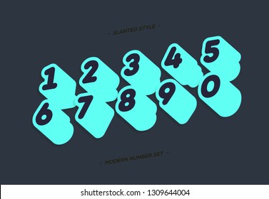 Vector numbers set 3d bold slanted style trendy typography consisiting of 1, 2, 3, 4, 5, 6, 7, 8, 9, 0 for  poster, t shirt, book, sale banner, printing on fabric, birthday card. Modern font. 10 eps