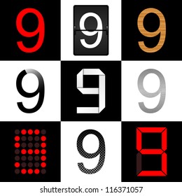 Vector numbers set. Nine different styles: (normal, timetable, wood, piano, origami, aluminum, digital and carbon) - 9