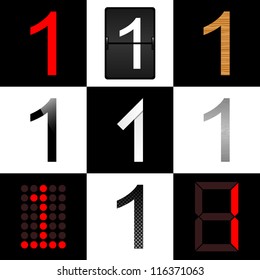 Vector numbers set. Nine different styles: (normal, timetable, wood, piano, origami, aluminum, digital and carbon) - 1