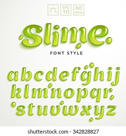 Vector numbers and symbols made of green slime. Latin alphabet from A to Z. Glossy typeface.