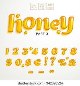 Vector numbers and symbols made of honey. Additional set for the Honey Font style.
