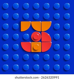 Vector numbers three from plastic building lego bricks. Colorful lego numbers 3. Blue lego background