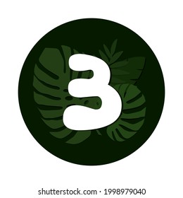 Vector numbers with tropical leaves. Silhouette botanical numbers with shadow in the circle isolated on white background. Vector illustration.