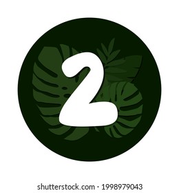Vector numbers with tropical leaves. Silhouette botanical numbers with shadow in the circle isolated on white background. Vector illustration.