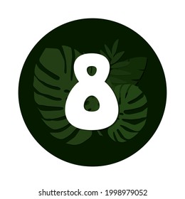 Vector numbers with tropical leaves. Silhouette botanical numbers with shadow in the circle isolated on white background. Vector illustration.