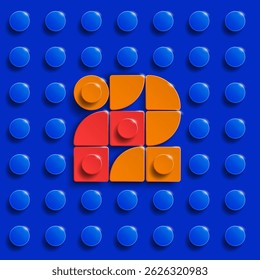 Vector numbers two from plastic building lego bricks. Colorful lego numbers 2. Blue lego background