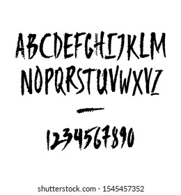Vector numbers and uppercase letters. Hand written latin alphabet. Isolated black on white background. 