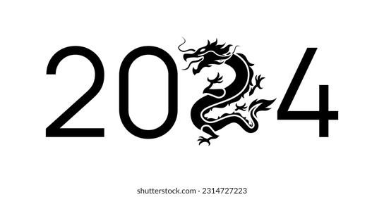 Vektor numeral 2024 mit Illustration des chinesischen Tierzeichen Dragon. Symbol des chinesischen Mondkalenders 2024 in schwarz-weißem Stil einzeln auf weißem Hintergrund. Chinesisches Neujahr