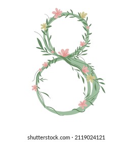Vector Numeral eight 8 stylized with delicate floral ornament. March 8. International Women's Day