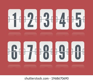 Vector numeric flip scoreboard set with reflections floating for white countdown timer or web page watch or calendar isolated on red background