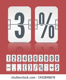 Vector numeric flip scoreboard with symbols and reflections for white countdown timer or web page watch or calendar isolated on red