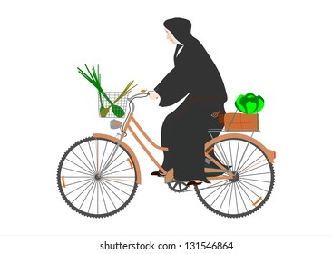 Vector. The nun on a bicycle in a retro style on a white background.