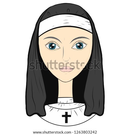 Vector, nun, sister of mercy in monastic clothes, portrait, cartoon style