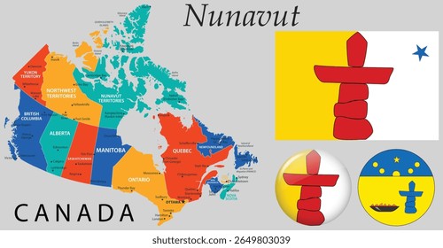Vetor do brasão de armas de Nunavut, bandeira e mapa. Perfeito para projetos de gráficos com tema canadense, educação, cultura indígena e projetos de governo territorial.