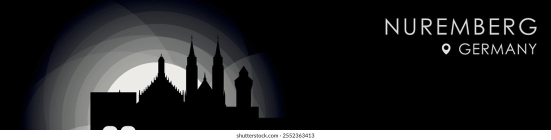 Vector Nuremberg, Germany cityscape banner. Black and white placard profile picture for header, footer