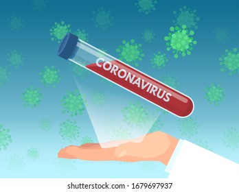 Vector of a nurse or doctor holding test tube with coronavirus test blood sample.
