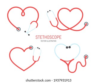 
Vector nurse stethoscope silhouette Heart shaped stethoscope line frame Isolated on  background.