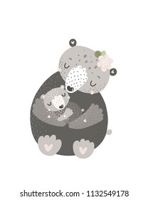 Vector nursery art with cute bear on white background. Mother and baby
