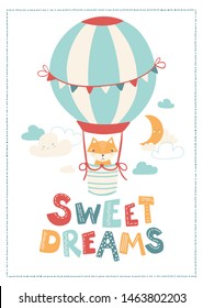 Vector nursery banner with cute animal - fox in a balloon in the clouds. The illustration is in simple Scandinavian style. Lettering - sweet Dreams