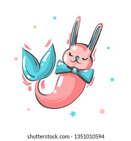 Vector nursery card with cute bunny mermaid with bow