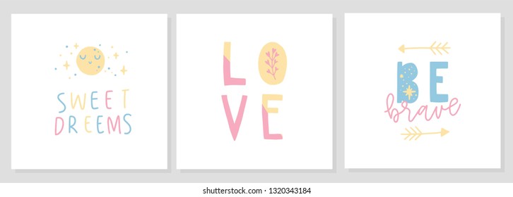 Vector nursery cards or baby shower invitation set. Kids poster quote with simple cute illustration in doodle style. Vector illustration.
