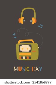 Vector nursery design print poster with music player and headpnhones. Music kids poster in retro style.

