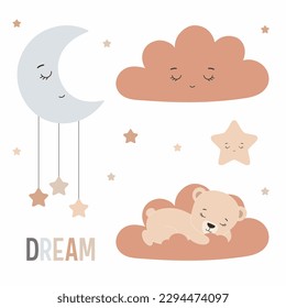 Elementos de vivero vectorial. Nubes durmientes, luna, estrella y lindo oso de peluche durmiendo en la nube. Diseño plano para papel de pared, ropa de niño, tarjeta de saludo, invitación a la ducha de bebé.