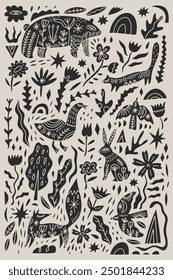 Vector nursery folk illustration of cute different woodland animals. Collection Including ornate bear, fox, birds, hare or rabbit, wild goose, weasel or marten, snake, thrush and other birds. Collage