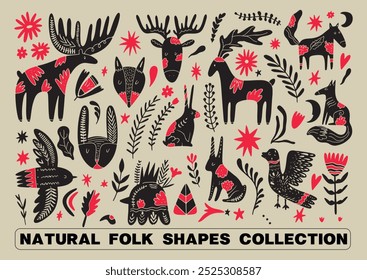 Vector nursery folk illustration of cute different woodland animals. Collection Including ornate bear, fox, birds, hare or rabbit, wild goose, weasel or marten, snake, thrush and other birds. 