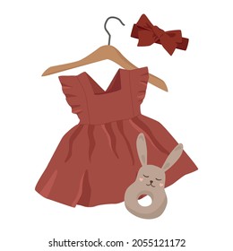 Vector nursery illustration of girl dress. Hand-drown objects sketch with dress, bow, rattle, hanger.