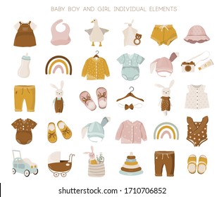 Vector nursery illustration of spring, summer baby girl and boy fashion clothes collection.  Hand-drown objects sketch with jumper, body suit, shoes, toys, rainbow, leaves.