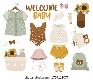 Vector nursery illustration of spring, summer baby girl and boy fashion clothes collection.  Hand-drown objects sketch with dress, swim suit, shoes, toys, rainbow, sunflower.