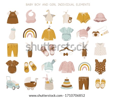 Vector nursery illustration of spring, summer baby girl and boy fashion clothes collection.  Hand-drown objects sketch with jumper, body suit, shoes, toys, rainbow, leaves.