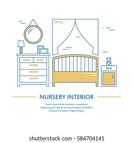 Vector nursery interior design brochure cover in line style. Flyer home decoration. Business presentation minimalistic background. Magazine catalog geometric house elements. Poster or booklet