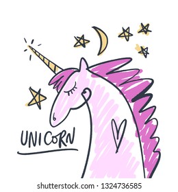 Vector nursery lettering doodle poster and postcard with unicorn in scandinavian style, trendy children illustration, cute animals art