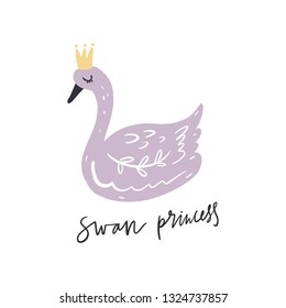 Vector nursery lettering doodle poster and postcard with swan princess in scandinavian style, children illustration, cute animals art. Good for print design and childish invitation cards