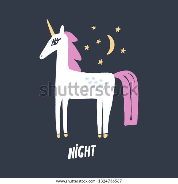 Vector nursery lettering doodle poster and postcard\
with unicorn in scandinavian style, trendy children illustration,\
cute animals art