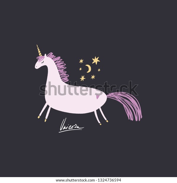 Vector nursery lettering doodle poster and postcard\
with unicorn in scandinavian style, trendy children illustration,\
cute animals art