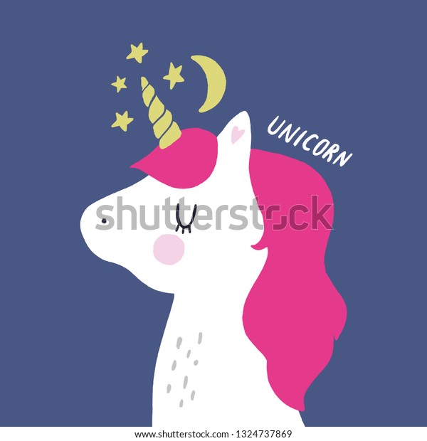 Vector nursery lettering doodle poster and postcard\
with unicorn face in scandinavian style, children illustration,\
cute animals art
