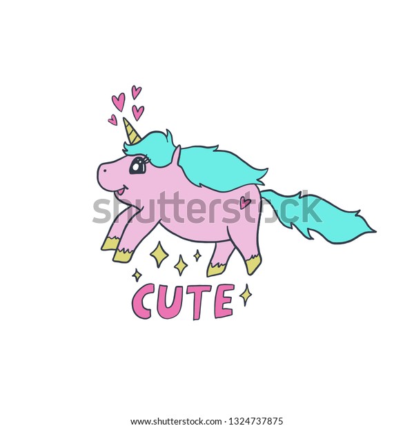 Vector nursery lettering doodle poster and postcard\
with unicorn in cartoon style, trendy children illustration, cute\
animals art