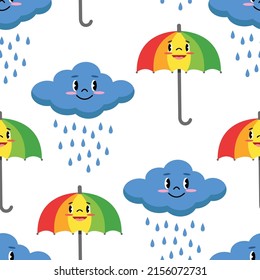 Vector nursery pattern with cute rainy clouds and bright umbrella. Colorful childish seamless pattern with weather design. 